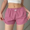 Summer casual fashion retro bow decoration red checkered women's shorts