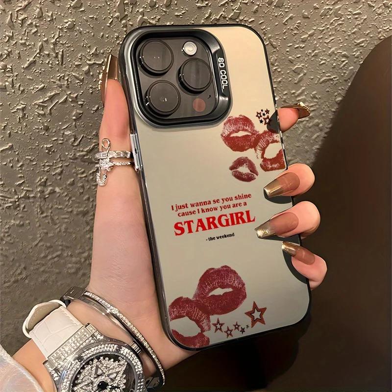 Stargirl Red Lip Design Phone for IPhone 16 11 15 14 13 12 Pro Max Black and Siery Shockproof Case