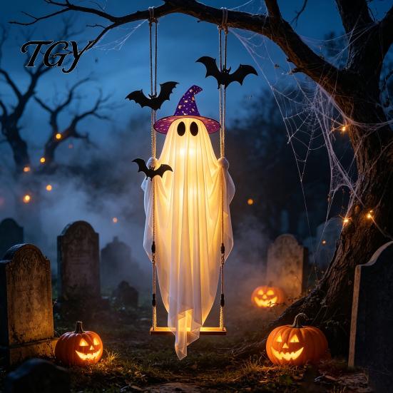 Hanging Ghost Decorations for Halloween Swing Ornament with LED String Lights Outdoor Decor, Adjustable Decorative Polyester Garden Light-Up Bat Decor
