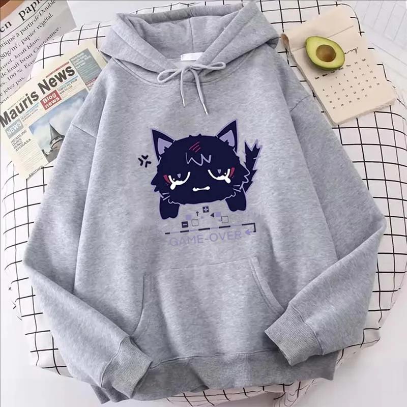 Genshin Impact Cartoon Cat Printed Hoodie Women Casual Autumn Winter Kawaii Harajuku Fleece Long Sleeve Sweatshirts