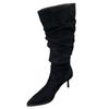 Women's Retro Suede Stiletto Thigh-High Boots - Black, Ruched Style for Autumn/Winter