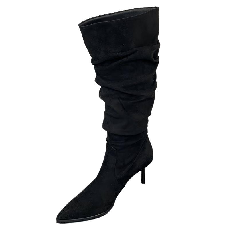 Women's Retro Suede Stiletto Thigh-High Boots - Black, Ruched Style for Autumn/Winter