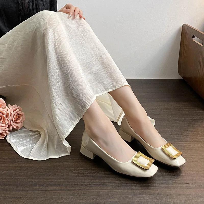 Women Shoes Fashion Pumps Designer Square Buckle Patent Leather High Heels Shoes OL Dress Shoes