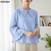 VONDA Women Casual Turn Down Collar Flare Sleeve Casual Loose Blouse
