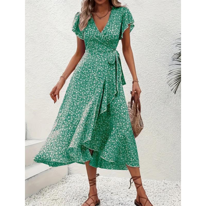 Small floral V-neck cardigan strap short sleeve bohemian pendulum vacation even
