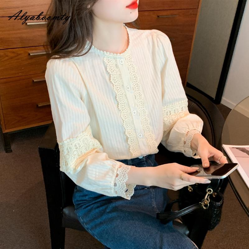 Korean Style Spring Autumn Women Elegant Lace Blouse O Neck Loose Hollow Out Blouse Long Sleeve Feminine Ladies' Blouse