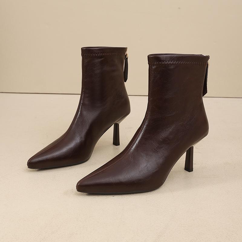 

2026 Autumn and Winter New Ankle Boots Pointed Toe Versatile Stiletto High Heel Booties Skinny Fashion Boots Women 35 коричневый