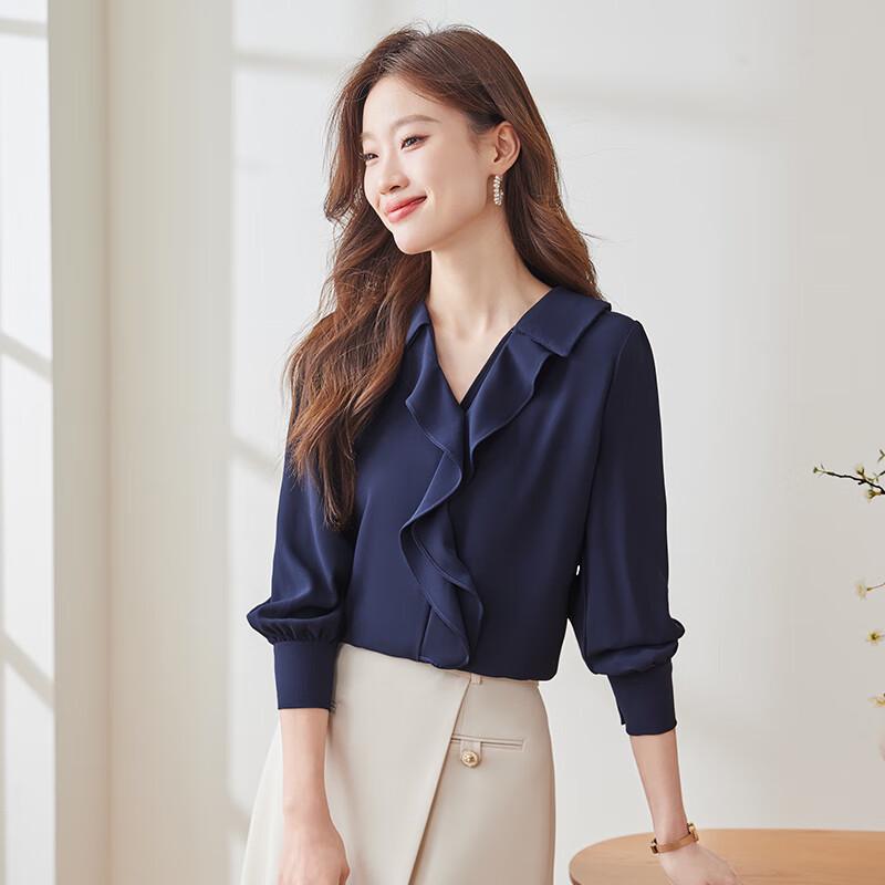 Women s Polo Collar Tie-Neck Long Sleeve Blouse 2XL