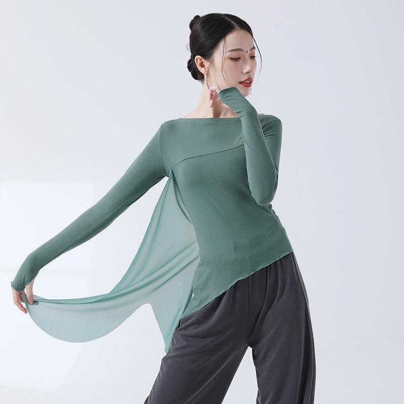 Classical Dance Practice Clothes Finger Sleeve Side Split Tulle Design Chinese Style Casual Wear Chic Stage Performance Costume