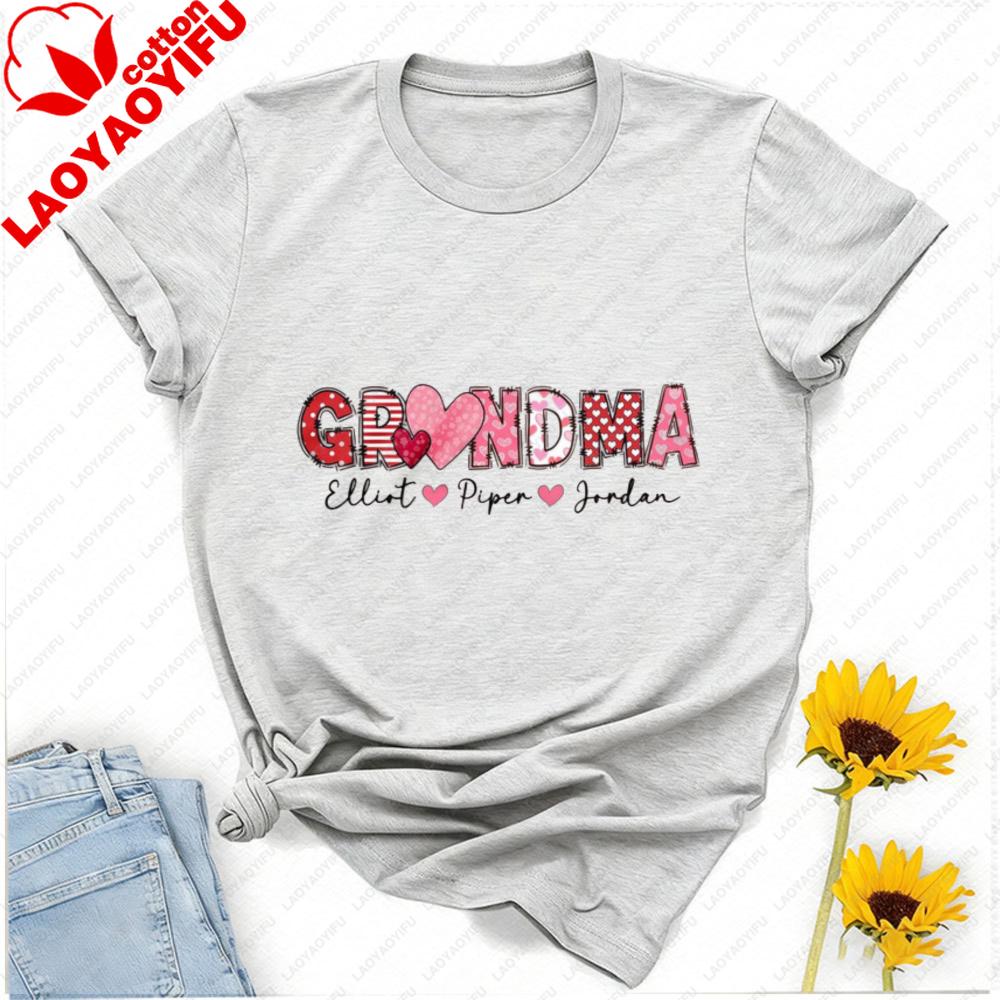 Grandma Day Cotton Shirt Customized with Grandkids Names Personalized Heart TShirt Gigi with Heart Love Tee for Granny Tops