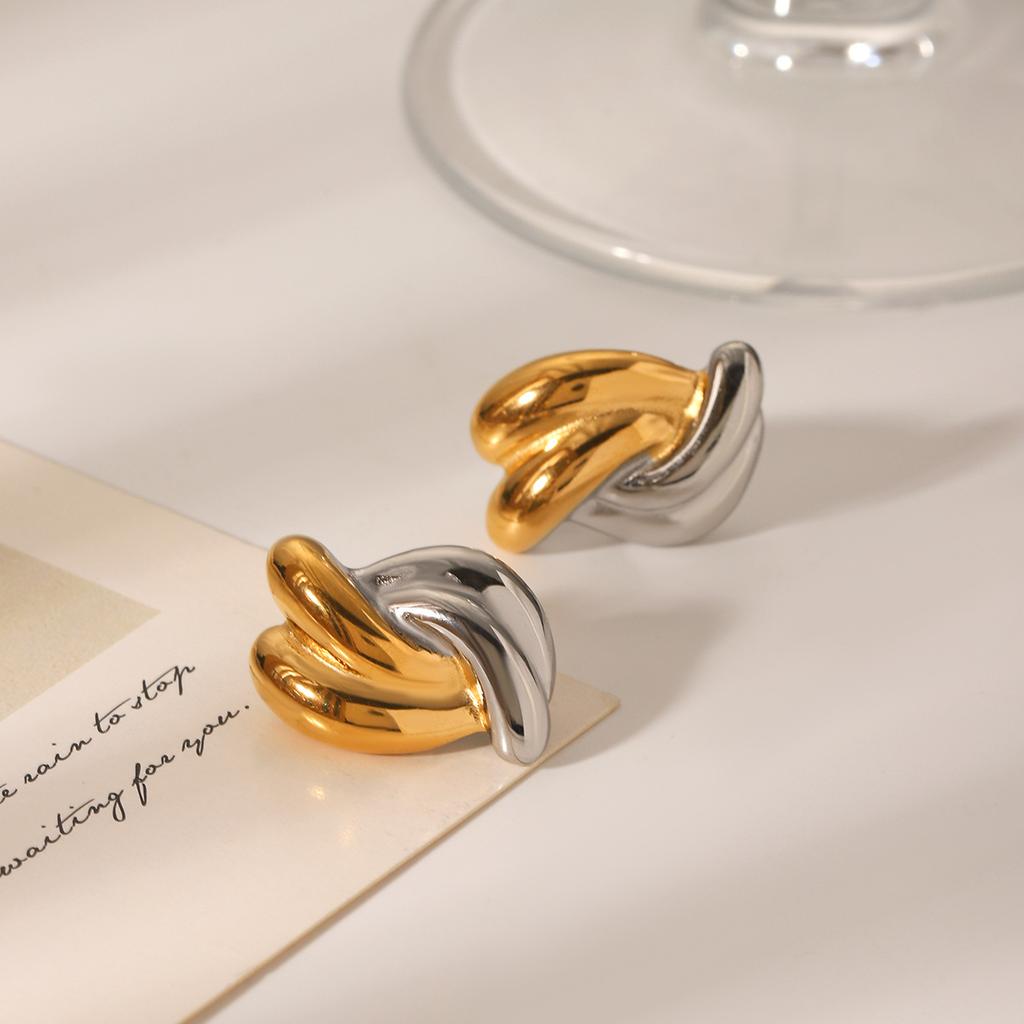 Gold and Silver Color-block Stainless Steel Earrings, Twisted Stud Design, Fashionable and Unique Titanium Steel Ear Jewelry