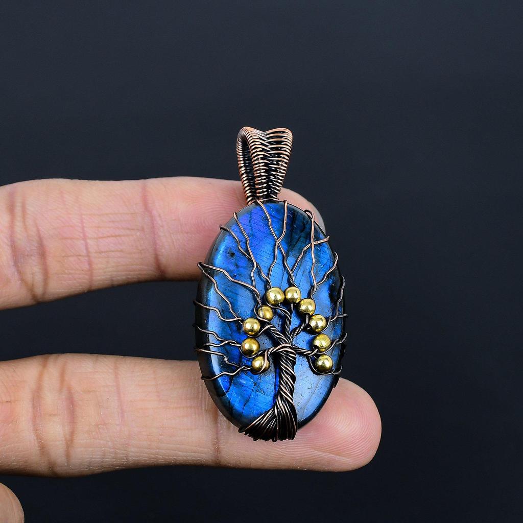 Tree Of Life Labradorite Pendant, Handmade Gemstone 999 Copper Wire Wrapped Pendant Antique Jewelry, For Gift Silver Jewelry