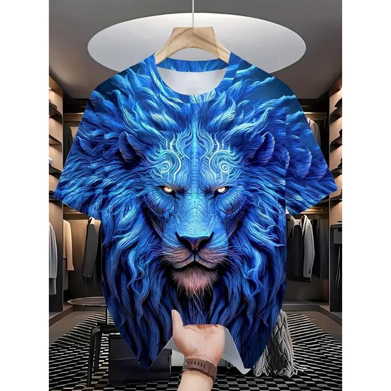Summer Round Neck Animal Lion Pattern 3D Print Top Fashionable Casual Short Sleeved Men's T-shirts