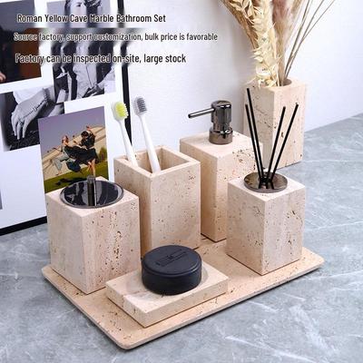 Set da Bagno in Marmo Giallo Stile Cinese: Vassoio, Ornamento per Aromaterapia, Flacone per Sapone Liquido e Porta fazzoletti.