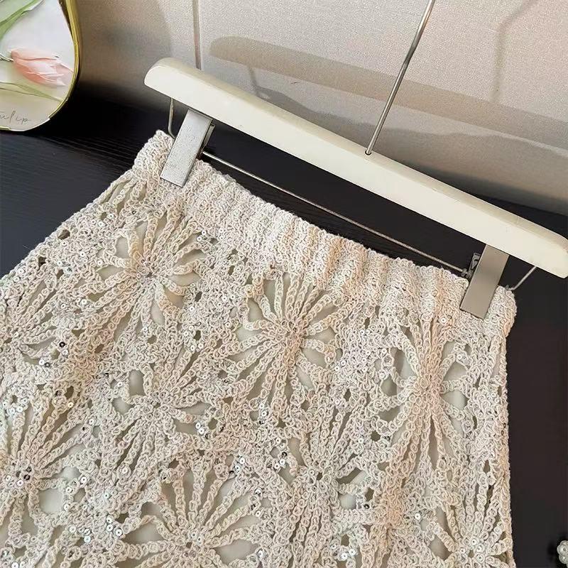 Luxury Sequin Hollow Knit Midi Skirt - Women's High-Waisted A-Line for Spring 2026
