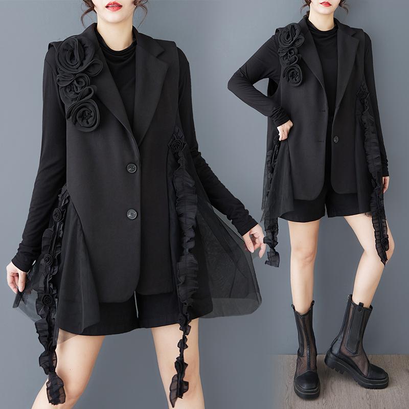 DIMANAF 2025 Spring Plus Size Women Sleeveless Buttons Vest Flower Style Solid Coat Casual Loose Black Tops