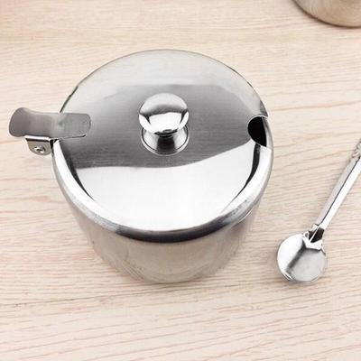 Practical Stainless Steel Sugar Bowl With Lid Spoon Dustproof Spice Container For Kichen Convenient Silver Condiment Pot