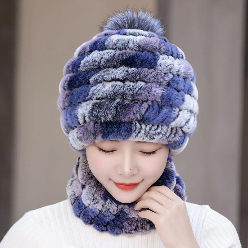 New Rex rabbit fur hat women's autumn and winter outdoor warm ear scarf mother casual suit