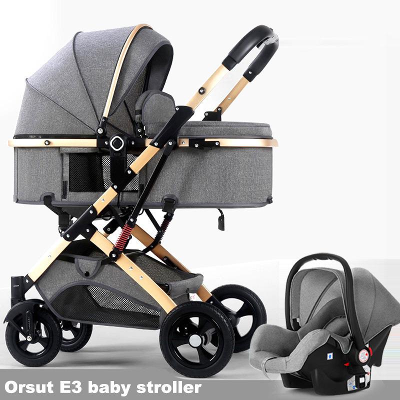 Reversible High Landscape 3-in-1 Baby Stroller with Reclining Seat and Shock Absorption