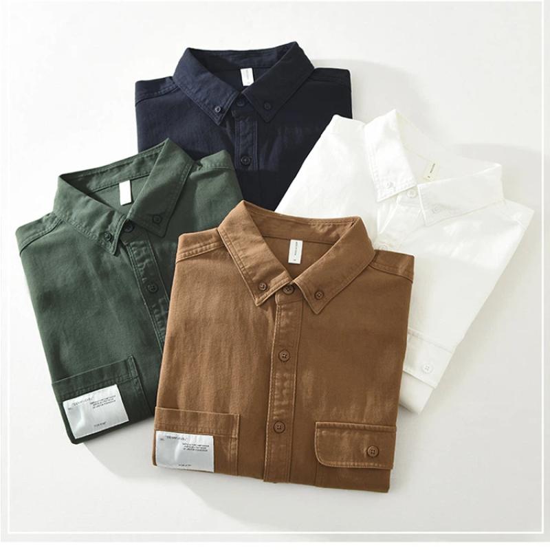 Camicia Lunga da Lavoro Stile Giapponese Uomo Workwear Doppie Tasche Camicia Casual da Uomo Primavera e Autunno Puro Cotone Bottoni Comfort Uomo Top