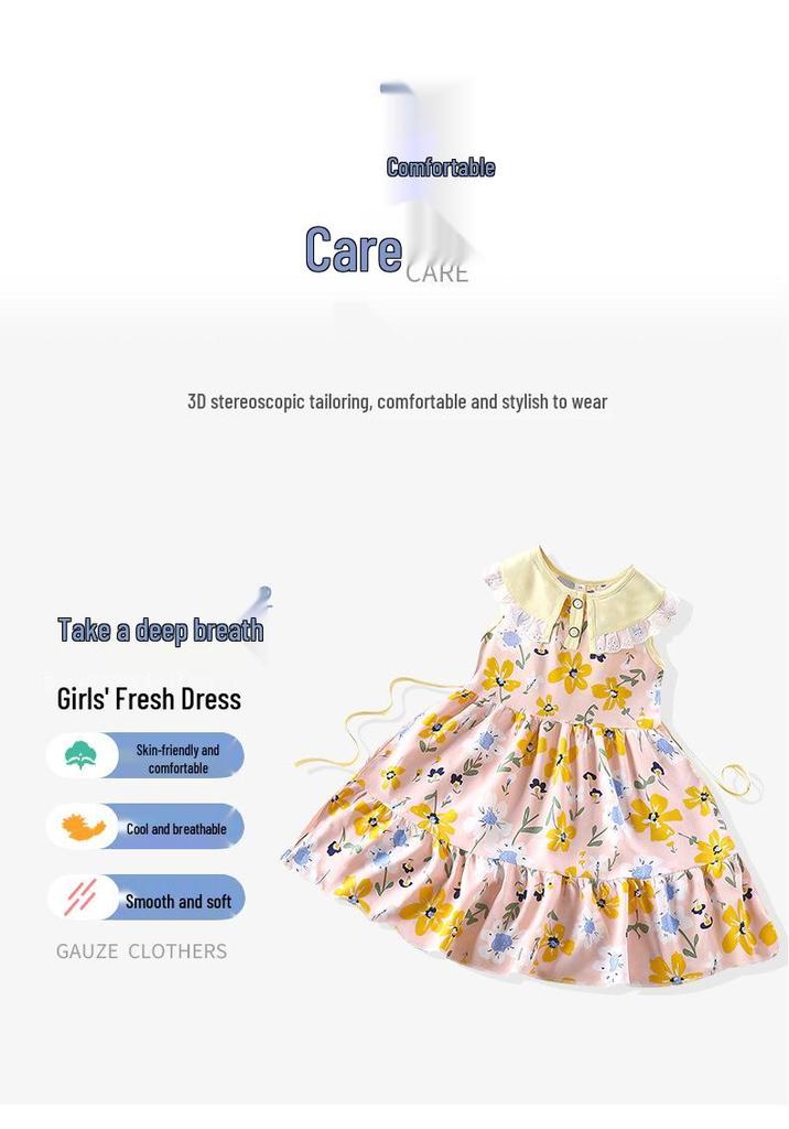 Summer Girls' Sleeveless Floral Princess Dress - Cotton Silk Blend for Outdoor Wear