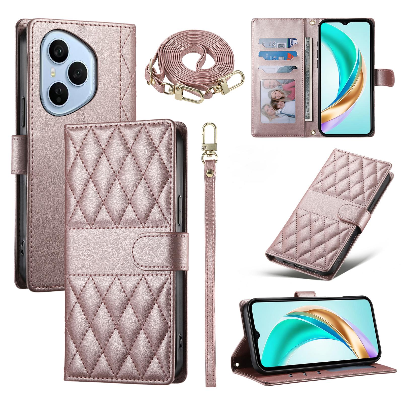 

Для Honor 400 Pro 5G (Глобальный) Чехол Кошелек с ромбовидной прострочкой Подставка Кожаный чехол для телефона с длинным/коротким ремешком Rose Gold