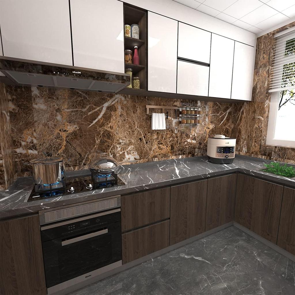 JSEVEM 16"×394" Thick Brown White Marble Wallpaper Peel and Stick Waterproof Brown Marble Contact Paper Vinyl DIY Faux Granite Furniture Tile