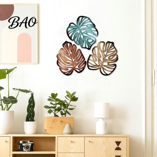 Minimalist Tropical Home Decor 3Pcs Hollow Monstera Leaf Wall Decoration, Wooden Art Hanging Plaque, Decorative Boho Living Room Accents Sculpture