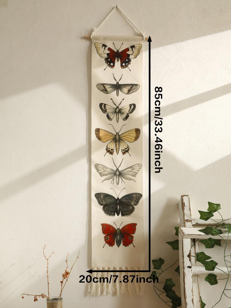 1pc Vintage Boho Butterfly Moth Wall Art Tapestry, Cotton Banner with Tassels – Rustic Nature Home Decor for Living Room Bedroom