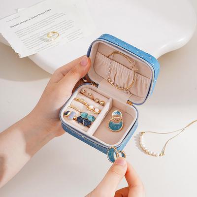 Luxusní mini organizér na šperky Organizér na šperky potažený drahokamy Cestovní pouzdro pro dívky z umělé kůže na náušnice