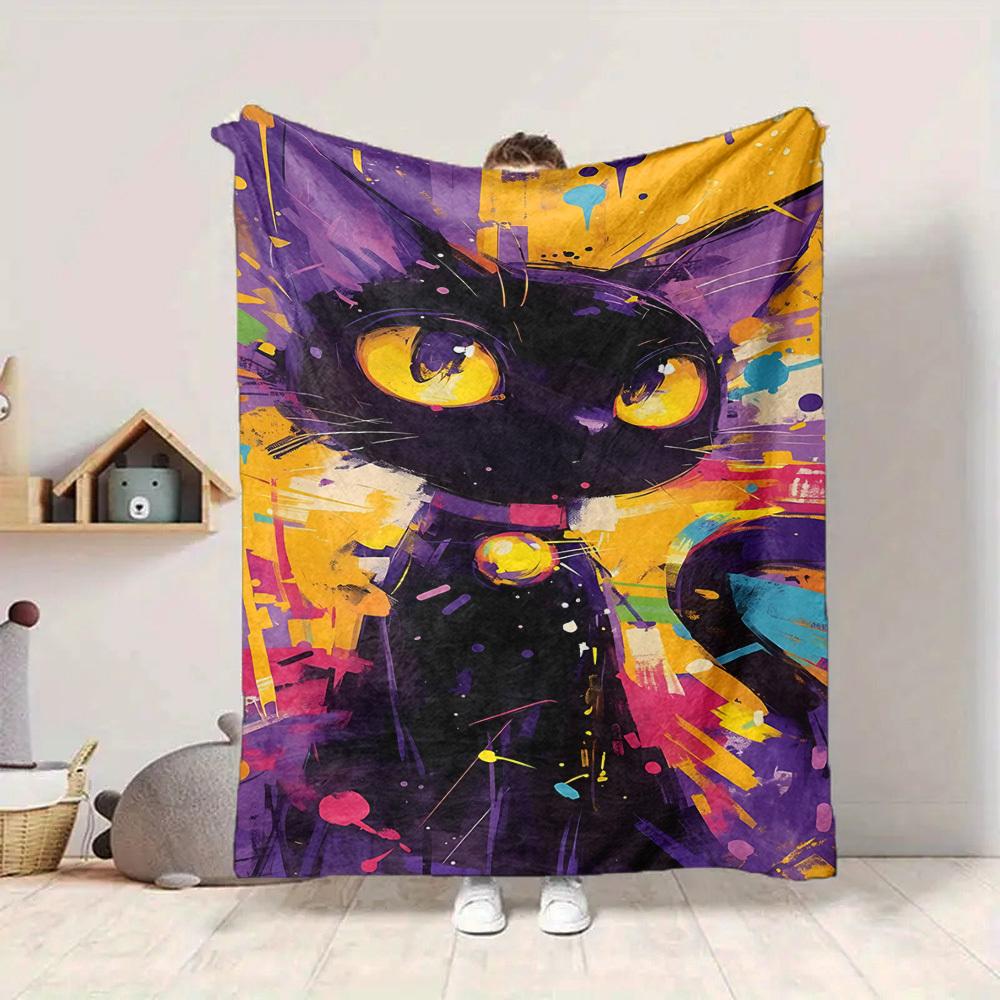 1pc Colorful Cat Artwork Blanket Lightweight Flannel Blanket Throw Blanket For Sofa, Bed, Travel, Camping, Livingroom, Office, Couch, Chair, And Bed y
