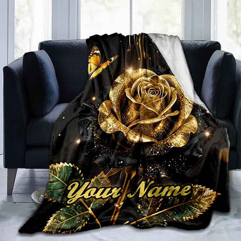 1PC Custom Name Golden Rose Elegance flannel blanket versatile,all-season throw suitable for the living room,bedroom,camping,travel,and gift