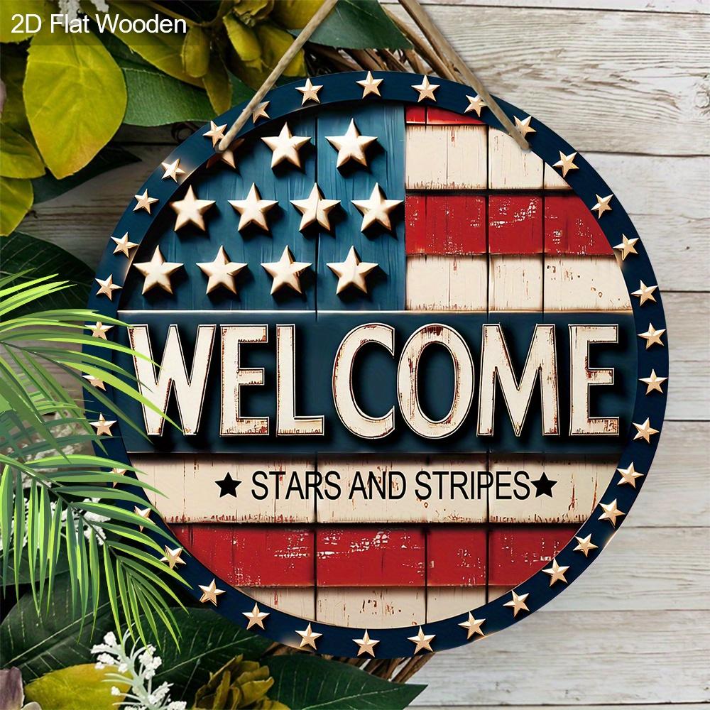 1pc 2D Flat Sign Happy Independence Day Wooden Hanging Sign Welcome Independence Day Decorations Vintage Wall Hanging Art Decoration Door Decor