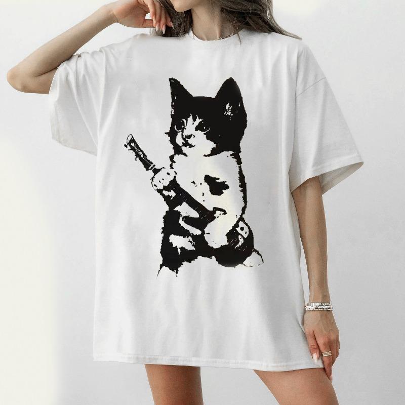 

Novelty Grunge Rock cat Kitten Y2K T Shirt Vintage Women Unisexs Tee Casual Oversized Loose Unisex Hip Hop Harajuku Tops punk S