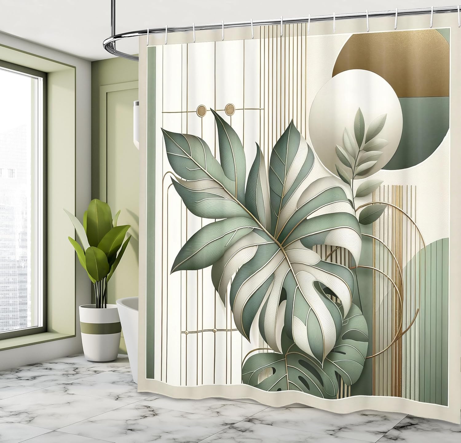 

Green Shower Curtain, Sage Tone Monstera Leaf With Mid Century Details Bohemian Print Modern, Cloth Fabric Bathroom De W60H190(CM)-1 Pcs