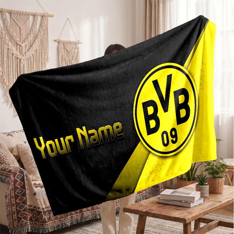 Borussia Dortmund Personalisierte Fleecedecke Mit Fußballlogo, Individueller Name Text Weiche Warme Wohndecke
