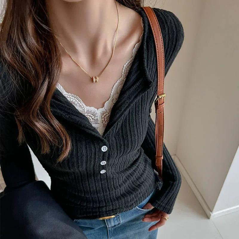 Vintage Lace Patchwork Sweater Women Korean Striped Knitted Jumpers Ladies Fashion Slim Elastic Bottoming Knitwear S