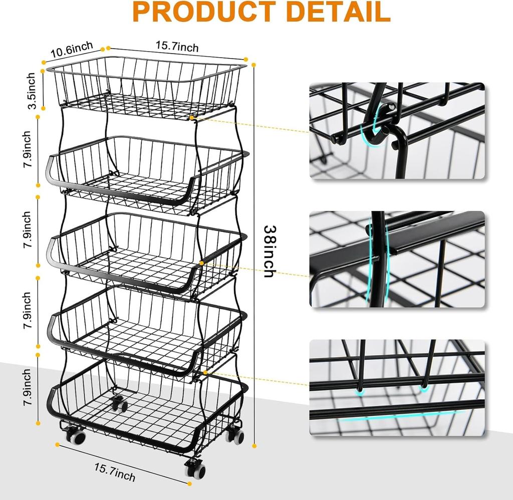 3Tier Rolling Pantry Floor Organizer,Stackable Pantry Storage Cart with Wheels, Metal Wire Pantry Baskets, Kitchen Fruit Basket Stand, Vegetable