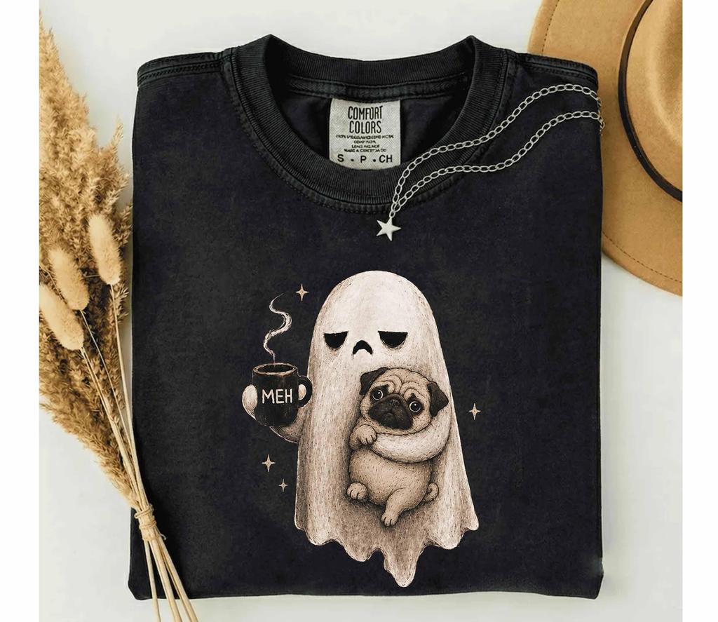 Comfort Colors® Grumpy Ghost Pug T-Shirt, Funny Meh Coffee Halloween Tee, Spooky Pug Lover