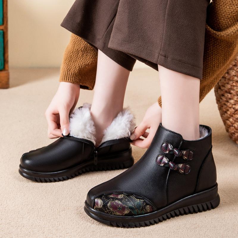 

Женские зимние ботинки из натуральной кожи, водонепроницаемые, теплые, плюшевые, для холодной зимы, обувь для мамы, ботильоны, большой размер 42 42 чёрный