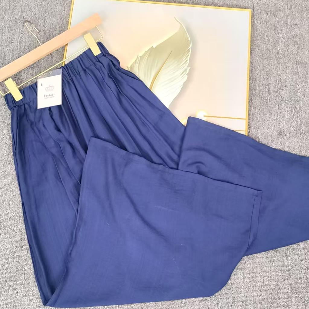 Korean Style Blue High-Waist Wide-Leg Lazy Pants Plus Size Long 9/10 Length Casual Loose Fit Fashion for Women