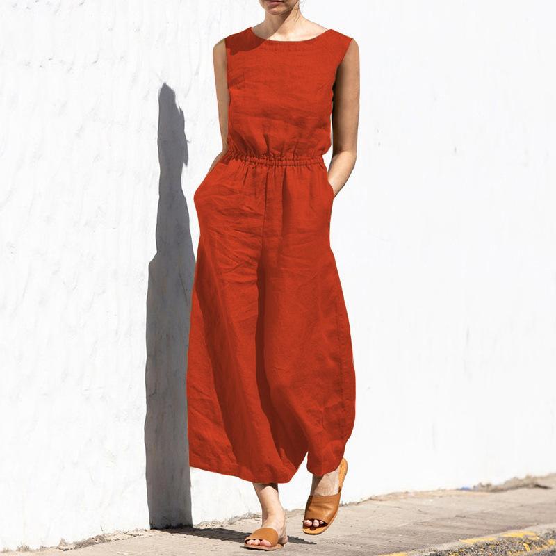Solid-color High-waist Sleeveless Long Pants for Women, Stylish, Casual, Loose-fitting, Elegant One-piece Set