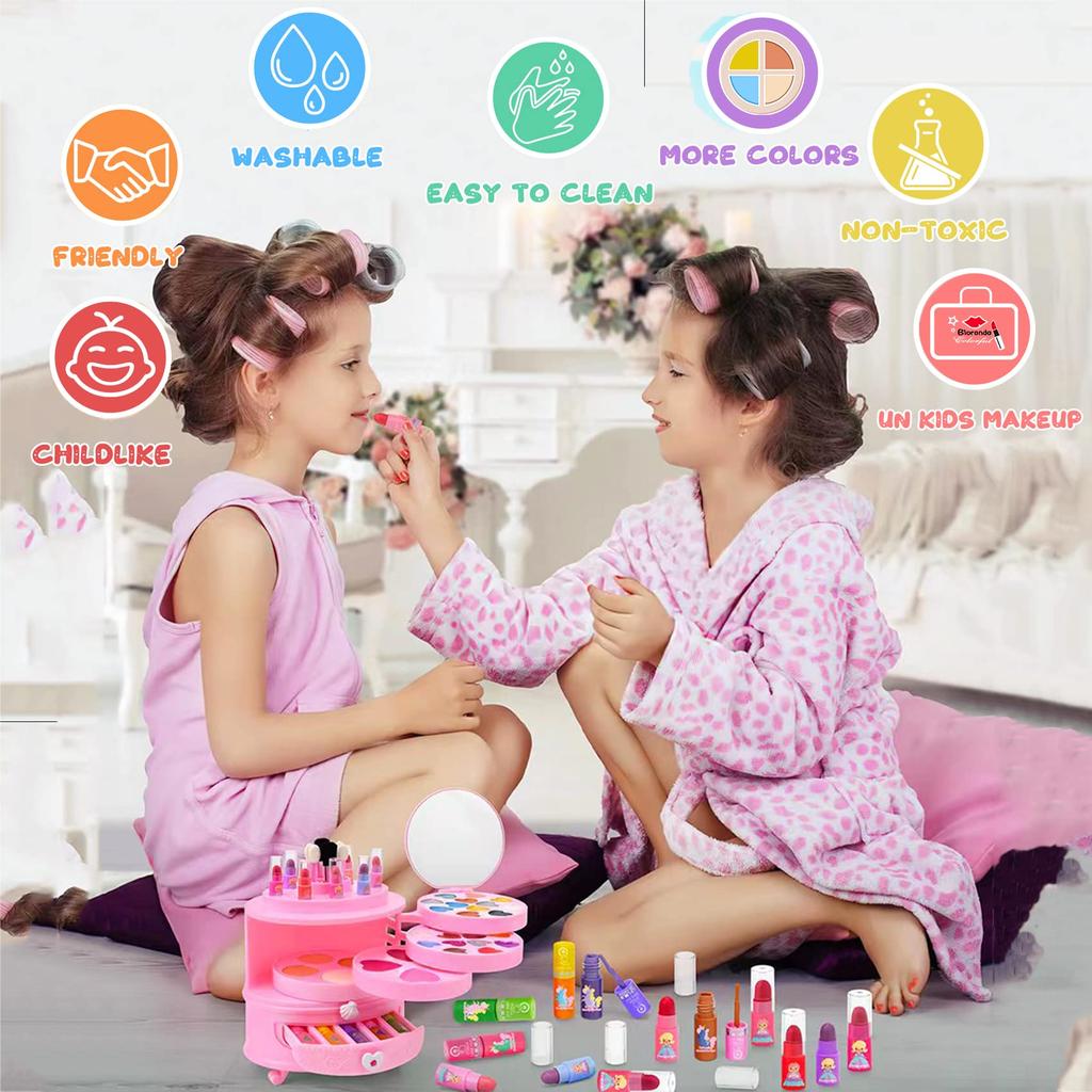 Bloranda 53-Piece Kids Washable Makeup Kit with Unicorn Vanity Case, Real Cosmetic Playset for Girls
