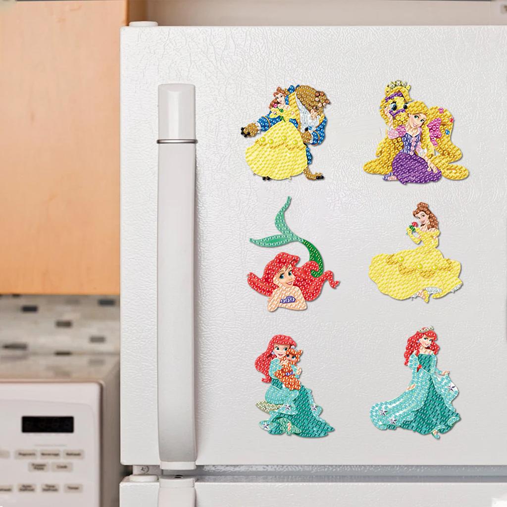 6Pcs DIY Diamond Painting Refrigerator Magnets, Disney Princess Theme, Cross-stitch Round Diamond Handicraft Home Decoration Gift