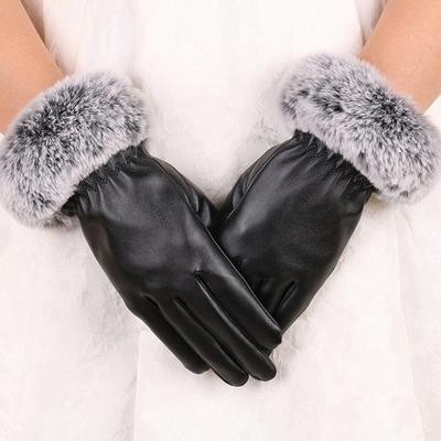 1 Pair Women Winter Warm Gloves Women Lady Black Pu Leather Gloves Autumn Winter Warm Rabbit Fur Mittens Warmth Warmer Mittens
