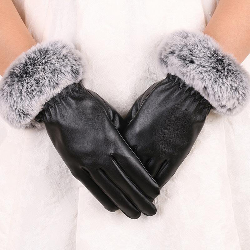 1 Pair Women Winter Warm Gloves Women Lady Black Pu Leather Gloves Autumn Winter Warm Rabbit Fur Mittens Warmth Warmer Mittens