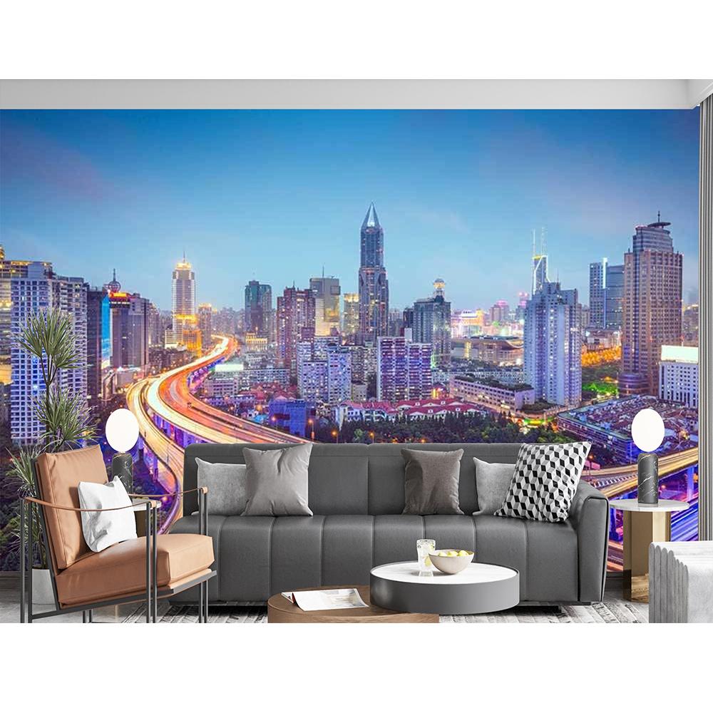 City Large Wall Mural Beautiful City Skyline Traffic Lights On Roads And Bridges Wallpaper Removable Modern Decor Wall Mural