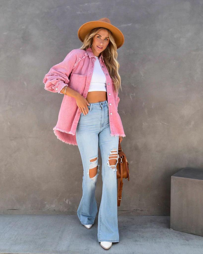 2025 Women's Casual Frayed Denim Jacket - European & American Style