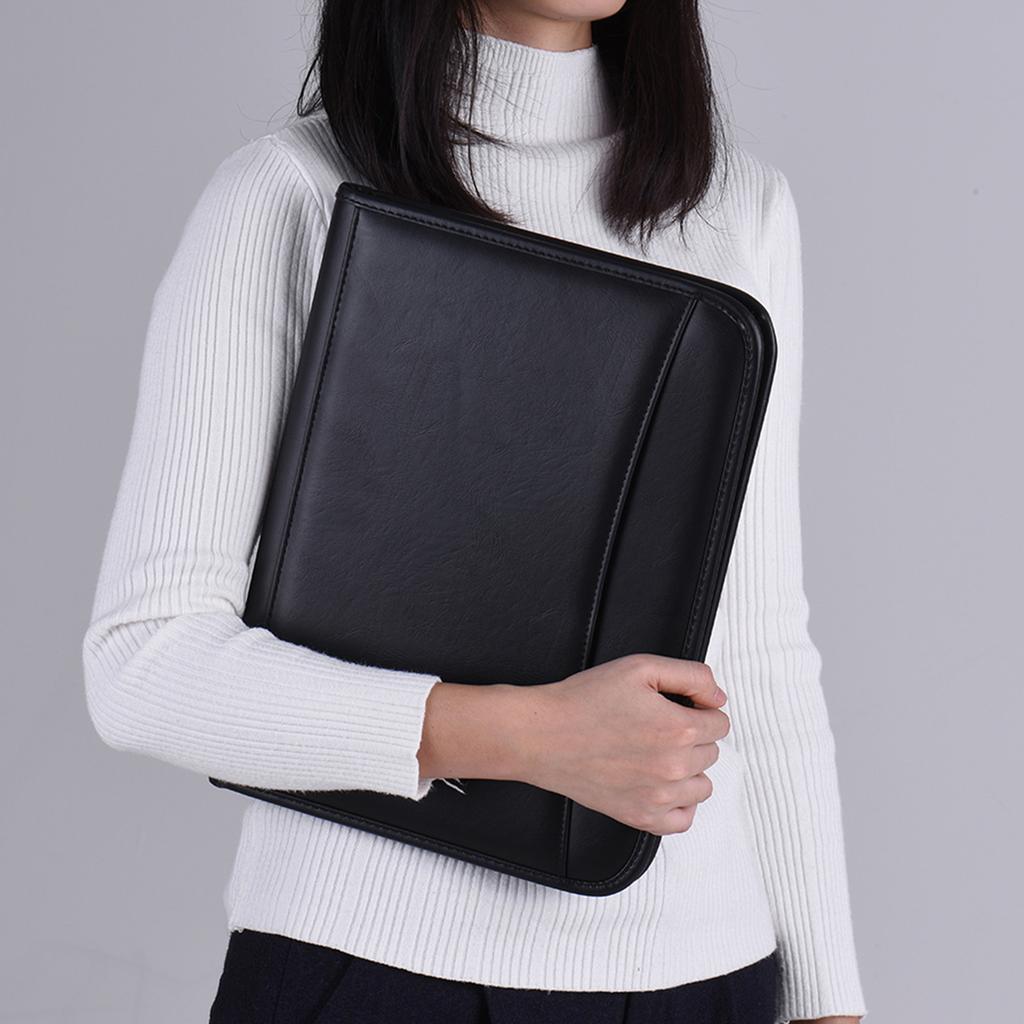 A4 PU Leather Multifunctional Professional Business Zippered Portfolio Padfolio Folder Document Case Organizer with Calculator