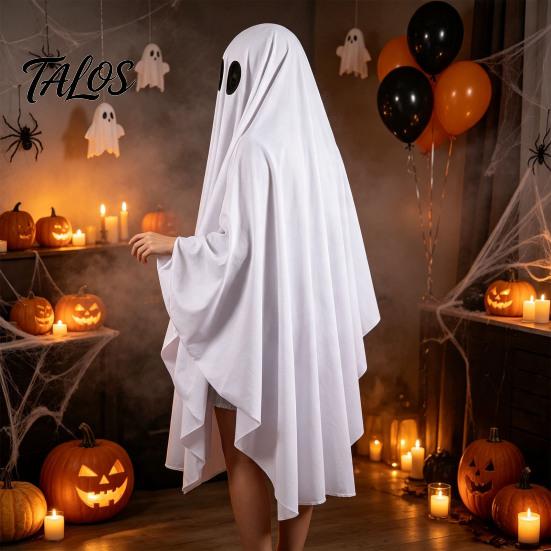 Unisex Halloween Wear Ghost Costume for Kids Adults, Cosplay Fancy Dress, Breathable Party Spooky White Cloak Cape with Black Eye Holes
